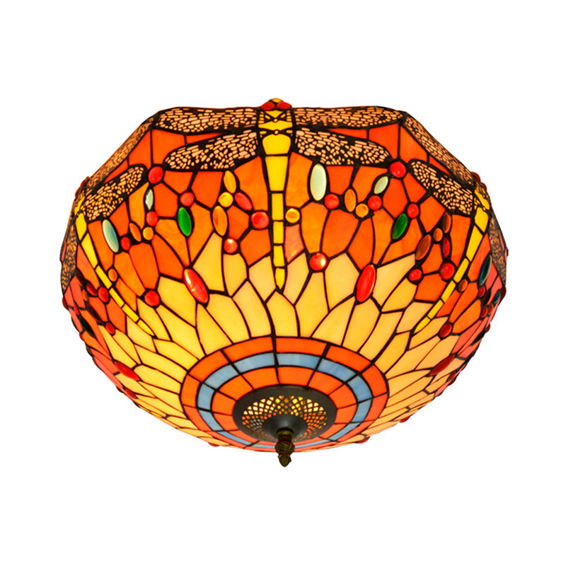 Tiffany Dragonfly Stained Glass Ceiling Lamp - Flush Mount Fixture In Red/Yellow/Orange Perfect For