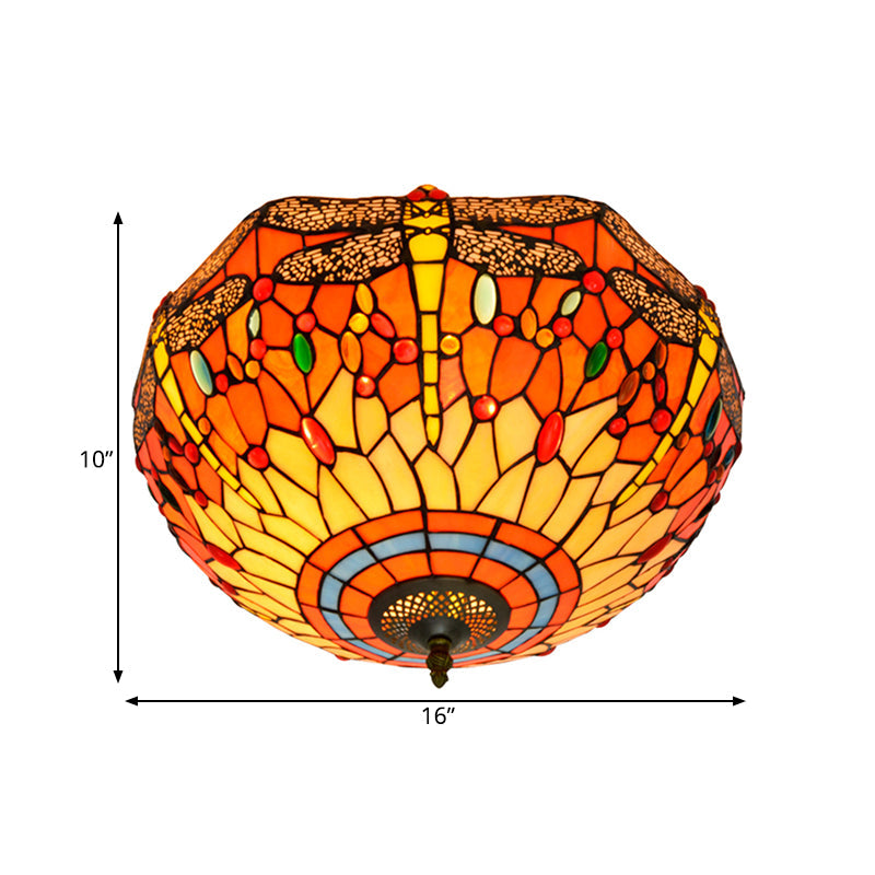 Tiffany Dragonfly Stained Glass Ceiling Lamp - Flush Mount Fixture In Red/Yellow/Orange Perfect For