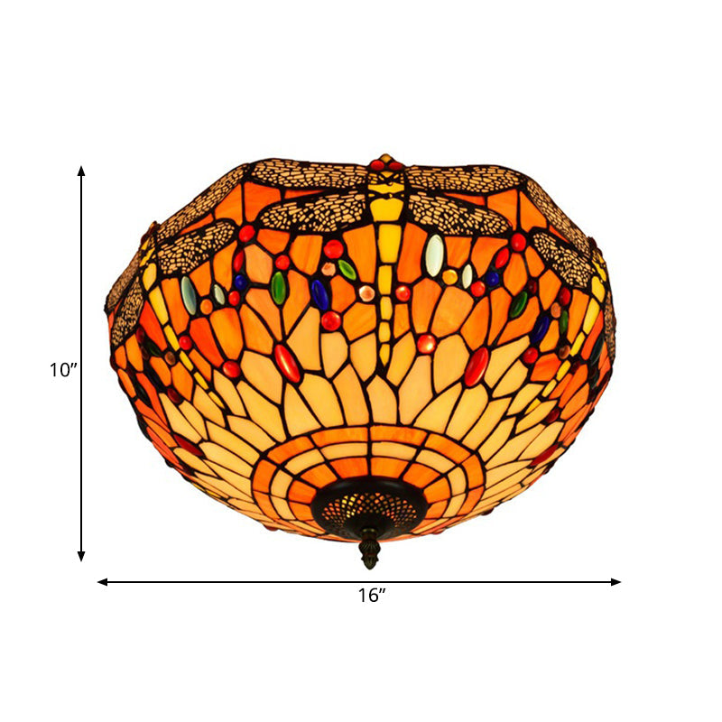 Tiffany Dragonfly Stained Glass Ceiling Lamp - Flush Mount Fixture In Red/Yellow/Orange Perfect For