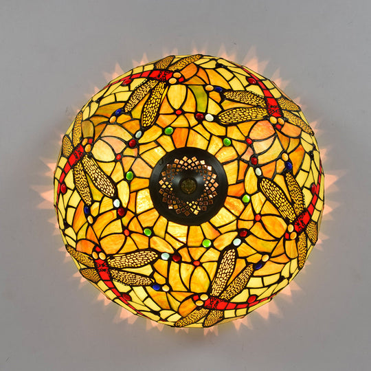 Tiffany - Style Dragonfly Cut Glass Ceiling Lamp - Bronze Flush Mount With 3 Heads Elegant Light