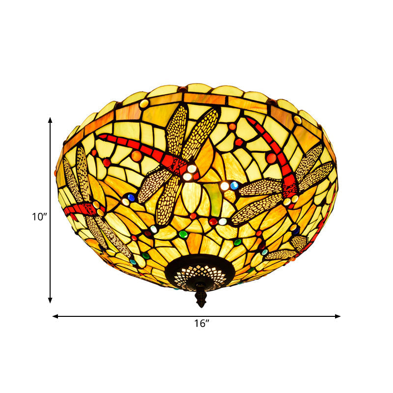 Tiffany-Style Dragonfly Cut Glass Ceiling Lamp - Bronze Flush Mount With 3 Heads Elegant Light