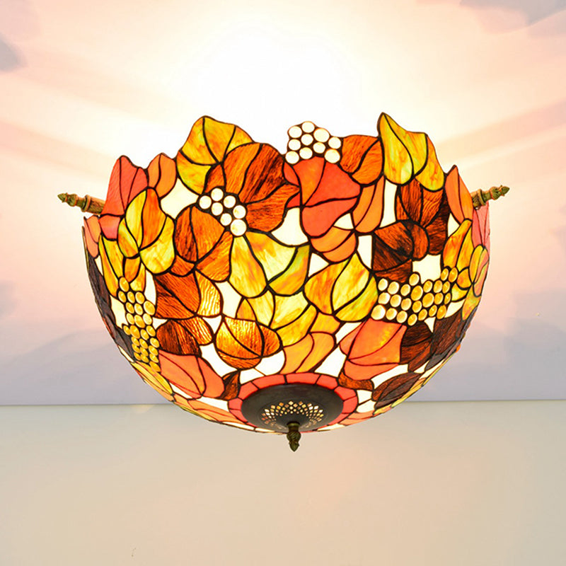 Tiffany - Style Hand Cut Glass Brass Light Fixture With 5 Grape Lights - Semi Flush Mount Ceiling