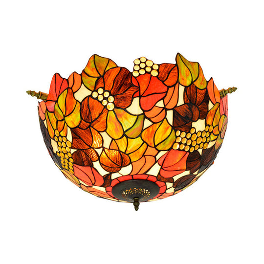 Tiffany - Style Hand Cut Glass Brass Light Fixture With 5 Grape Lights - Semi Flush Mount Ceiling