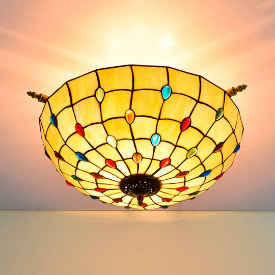 Tiffany Style Handcrafted Art Glass Ceiling Light Fixture - 5 Heads Semi Flush Mount Brass Finish