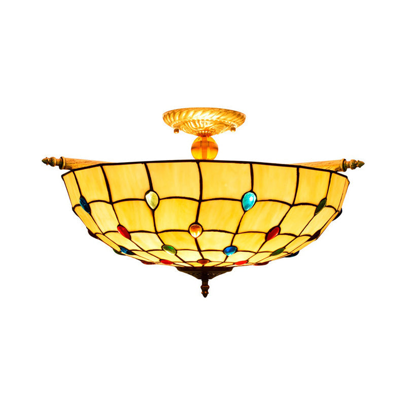 Tiffany Style Handcrafted Art Glass Ceiling Light Fixture - 5 Heads Semi Flush Mount Brass Finish