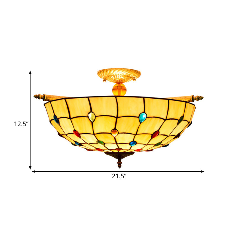 Tiffany Style Handcrafted Art Glass Ceiling Light Fixture - 5 Heads Semi Flush Mount Brass Finish