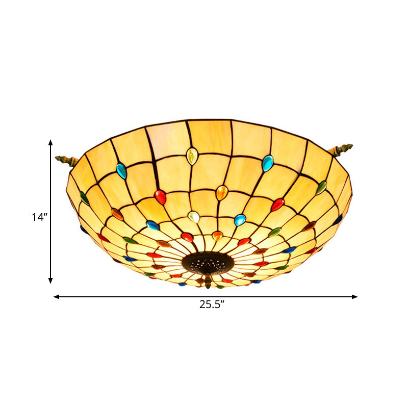 Tiffany Style Handcrafted Art Glass Ceiling Light Fixture - 5 Heads Semi Flush Mount Brass Finish