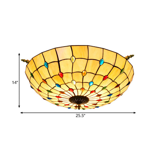 Tiffany Style Handcrafted Art Glass Ceiling Light Fixture - 5 Heads Semi Flush Mount Brass Finish