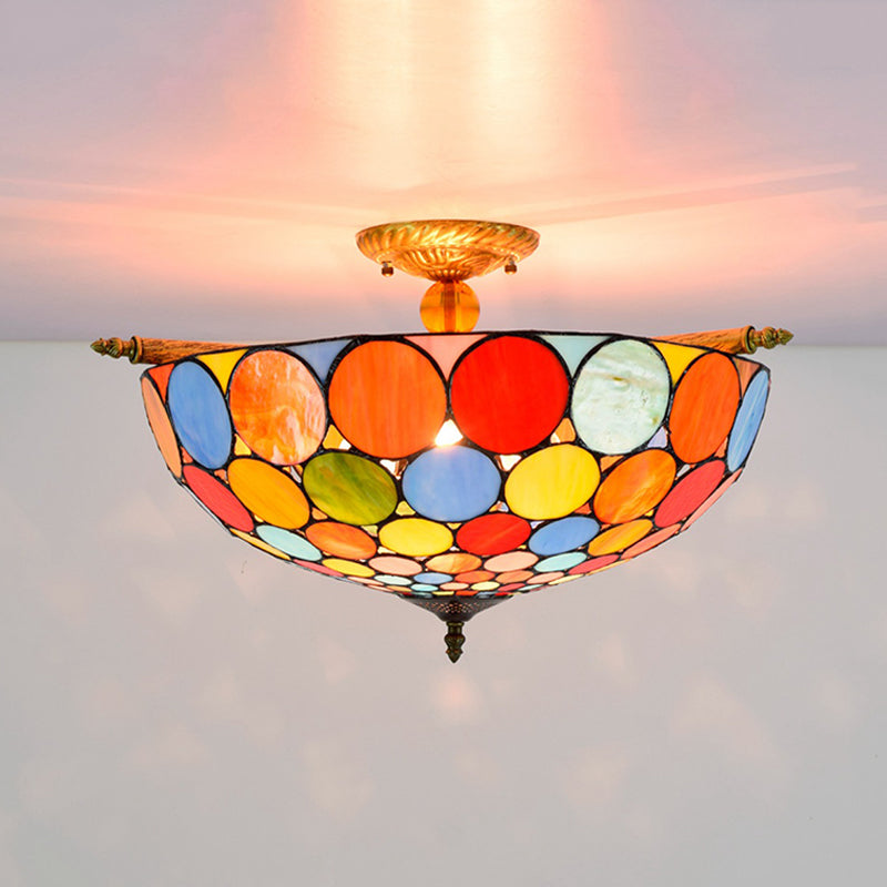 Tiffany - Style Stained Glass Circle Flush Mount Lighting With 5 Brass Heads - 21.5’/25.5’ Wide