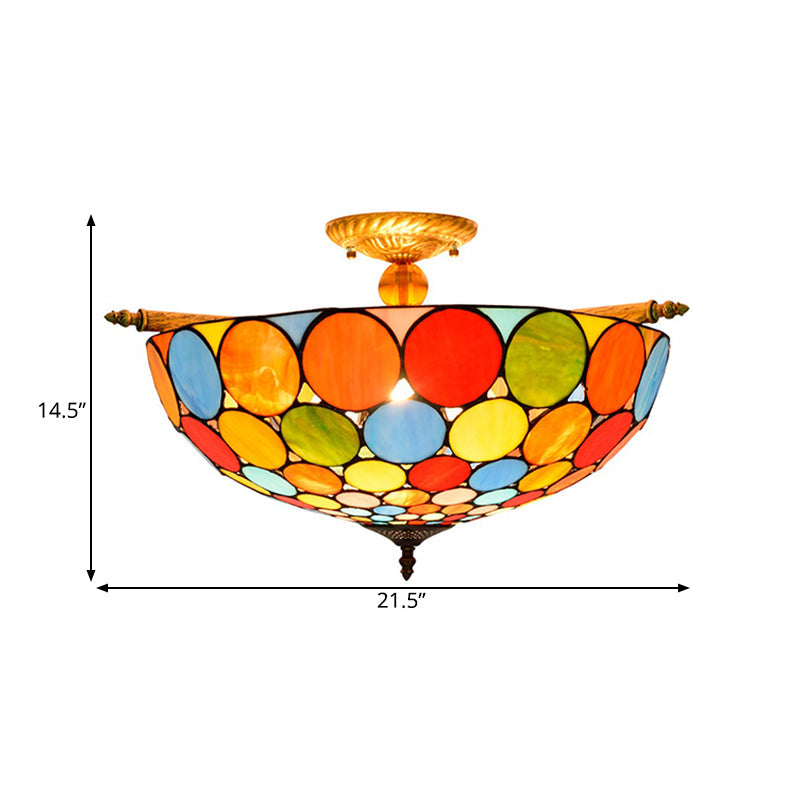 Tiffany - Style Stained Glass Circle Flush Mount Lighting With 5 Brass Heads - 21.5’/25.5’ Wide