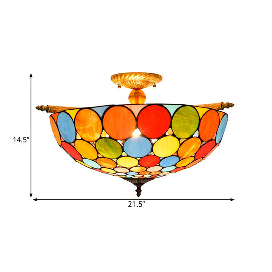 Tiffany - Style Stained Glass Circle Flush Mount Lighting With 5 Brass Heads - 21.5’/25.5’ Wide