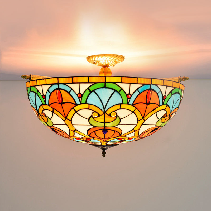 Baroque Brass Jewel Ceiling Lamp - 5 Multicolored Stained Glass Bulbs (21.5’/25.5’) Semi Flush