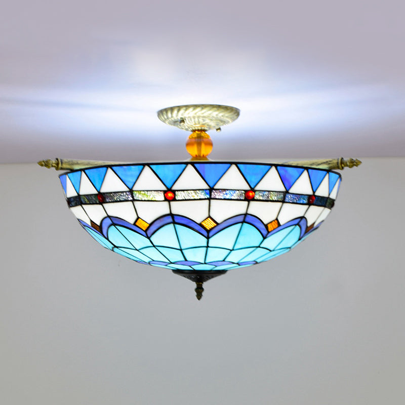 Handcrafted Baroque Dome Semi Flush Mount Ceiling Lamp With 5 Stained Glass Bulbs In White/Blue –
