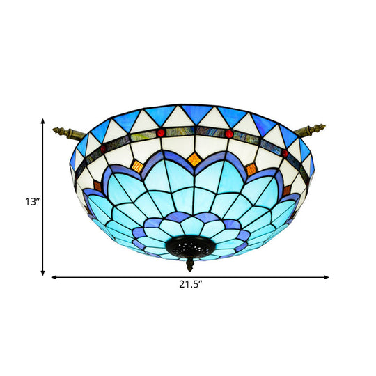 Handcrafted Baroque Dome Semi Flush Mount Ceiling Lamp With 5 Stained Glass Bulbs In White/Blue –