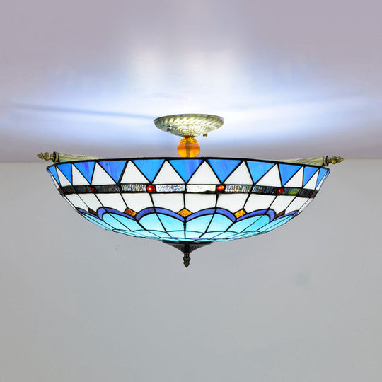 Handcrafted Baroque Dome Semi Flush Mount Ceiling Lamp With 5 Stained Glass Bulbs In White/Blue –