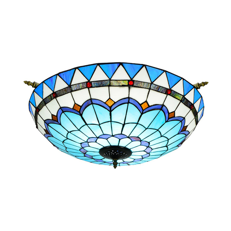 Handcrafted Baroque Dome Semi Flush Mount Ceiling Lamp With 5 Stained Glass Bulbs In White/Blue –