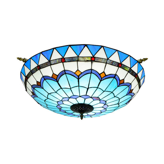 Handcrafted Baroque Dome Semi Flush Mount Ceiling Lamp With 5 Stained Glass Bulbs In White/Blue –