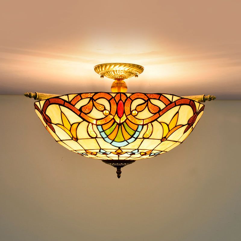 Handcrafted Baroque Dome Semi Flush Mount Ceiling Lamp With 5 Stained Glass Bulbs In White/Blue –