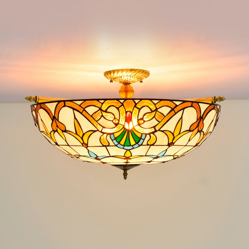 Handcrafted Baroque Dome Semi Flush Mount Ceiling Lamp With 5 Stained Glass Bulbs In White/Blue –