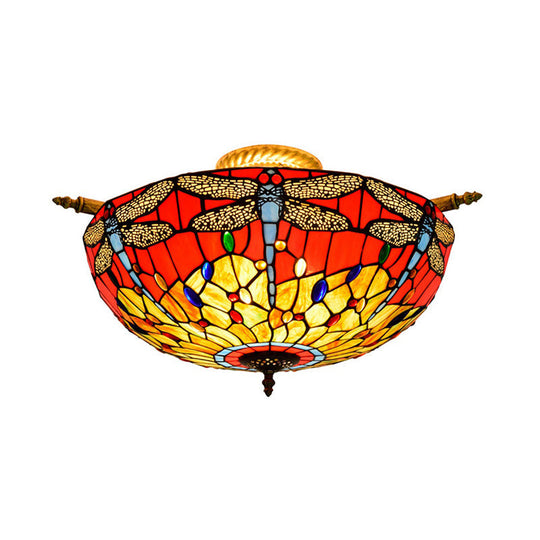 Dragonfly Ceiling Tiffany Brass Stained Glass Flush Mount Light - 5 Lights 21.5’/25.5’ Width