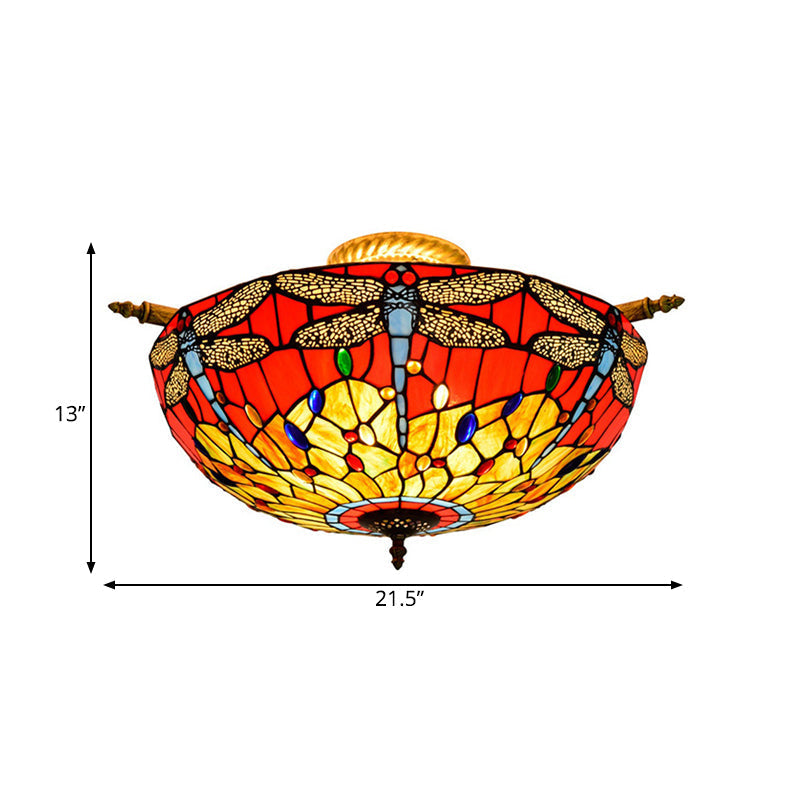 Dragonfly Ceiling Tiffany Brass Stained Glass Flush Mount Light - 5 Lights 21.5’/25.5’ Width