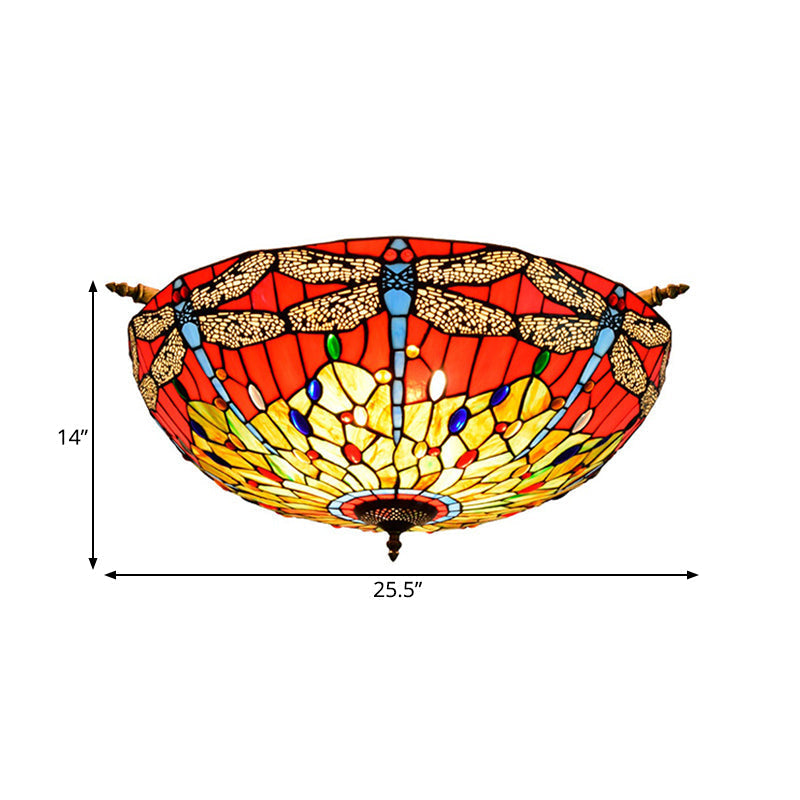 Dragonfly Ceiling Tiffany Brass Stained Glass Flush Mount Light - 5 Lights 21.5’/25.5’ Width
