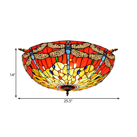 Dragonfly Ceiling Tiffany Brass Stained Glass Flush Mount Light - 5 Lights 21.5’/25.5’ Width