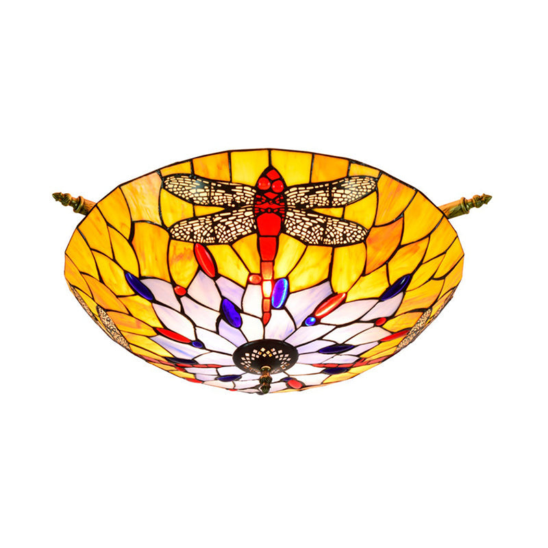 Tiffany Style Dragonfly Ceiling Fixture - Stained Glass 5 - Light Semi Flush Mount Elegant Brass