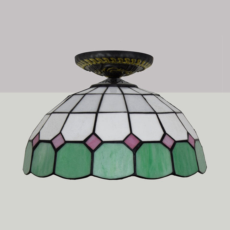 Handcrafted Stained Glass Tiffany Flush Mount Light: Led Grid Pattern 1 Bulb Close To Ceiling Lamp