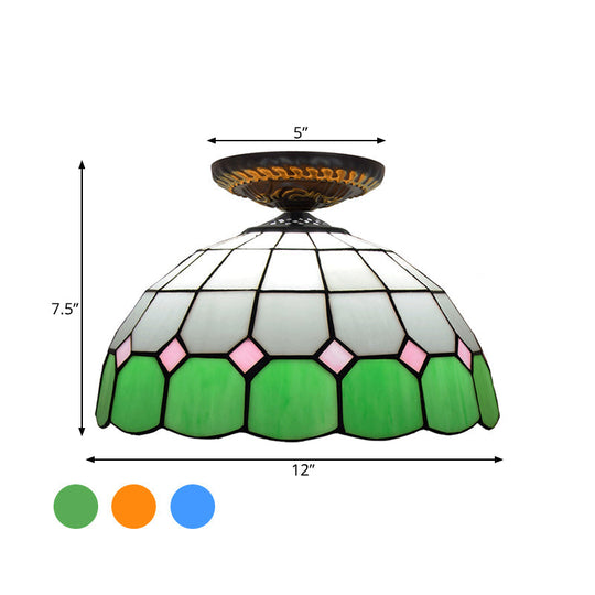 Handcrafted Stained Glass Tiffany Flush Mount Light: Led Grid Pattern 1 Bulb Close To Ceiling Lamp