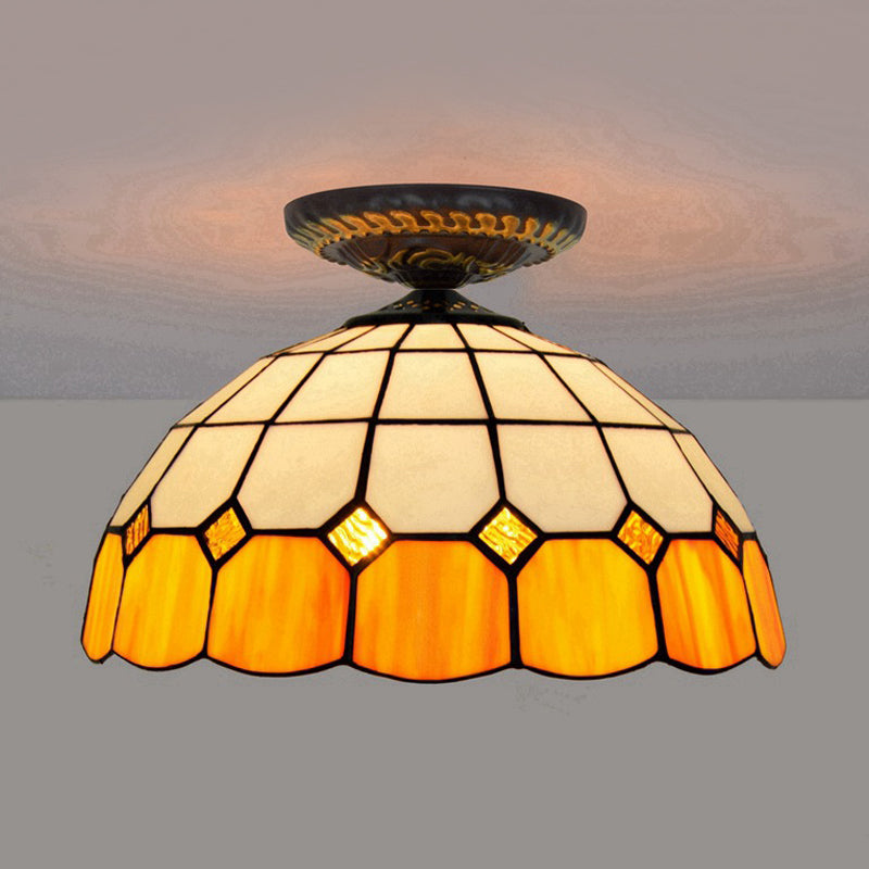 Handcrafted Stained Glass Tiffany Flush Mount Light: Led Grid Pattern 1 Bulb Close To Ceiling Lamp
