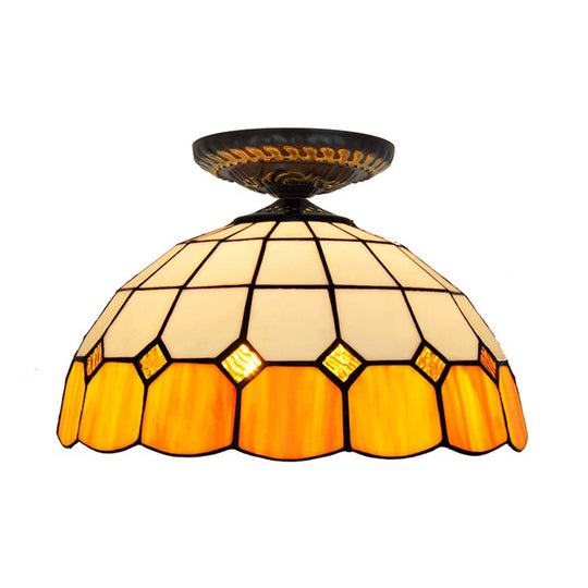 Handcrafted Stained Glass Tiffany Flush Mount Light: Led Grid Pattern 1 Bulb Close To Ceiling Lamp