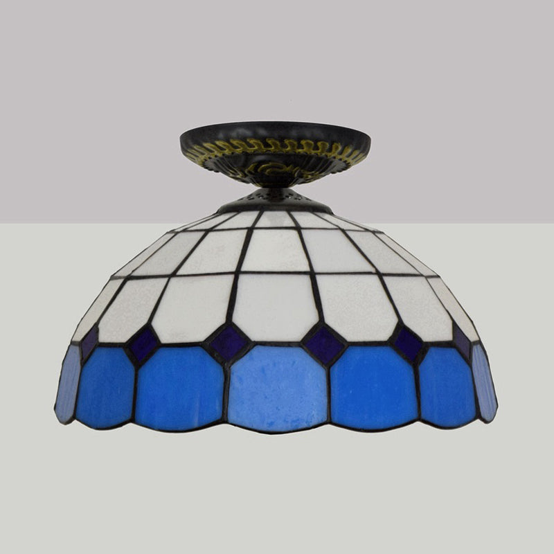 Handcrafted Stained Glass Tiffany Flush Mount Light: Led Grid Pattern 1 Bulb Close To Ceiling Lamp