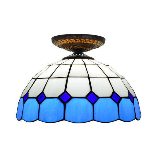 Handcrafted Stained Glass Tiffany Flush Mount Light: Led Grid Pattern 1 Bulb Close To Ceiling Lamp