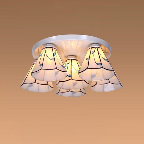 Blue Stained Glass Tiffany Ceiling Lamp For Living Room - Leaf/Stripes Flush Mount With 3/6 Lights