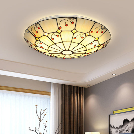 Tiffany Bowl Flush Light Fixture - Led Stained Glass Ceiling Mounted Lighting In Beige For Living