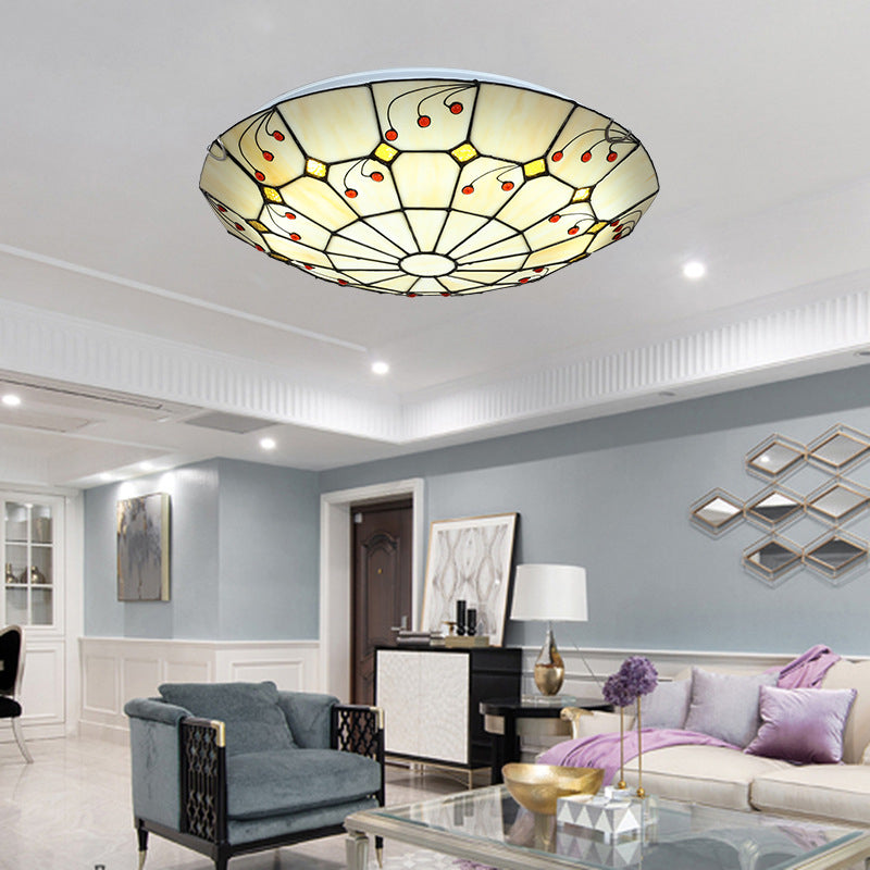 Tiffany Bowl Flush Light Fixture - Led Stained Glass Ceiling Mounted Lighting In Beige For Living