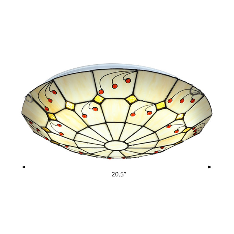 Tiffany Bowl Flush Light Fixture - Led Stained Glass Ceiling Mounted Lighting In Beige For Living