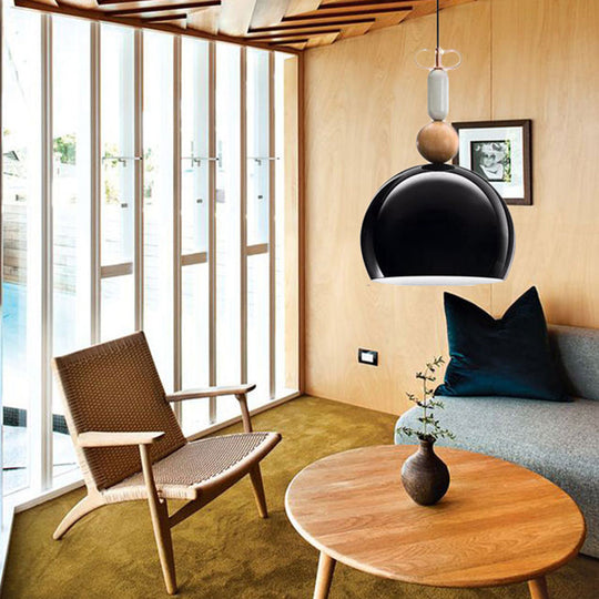 Contemporary Metal Domed Pendant Light Kit - 1 Down Lighting In Black/Red For Living Room Black