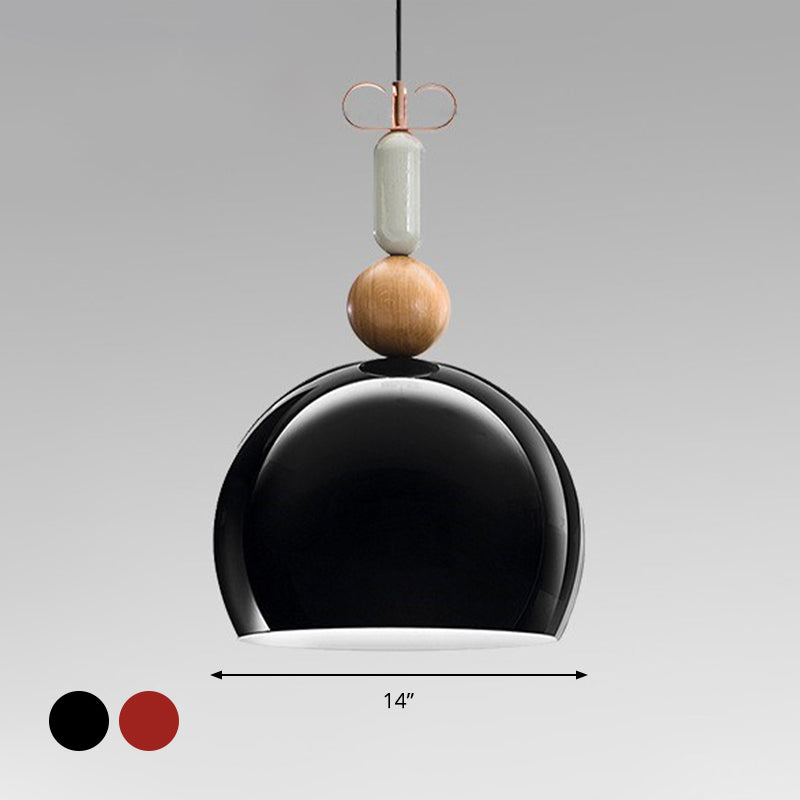 Contemporary Metal Domed Pendant Light Kit - 1-Light Down Lighting In Black/Red For Living Room