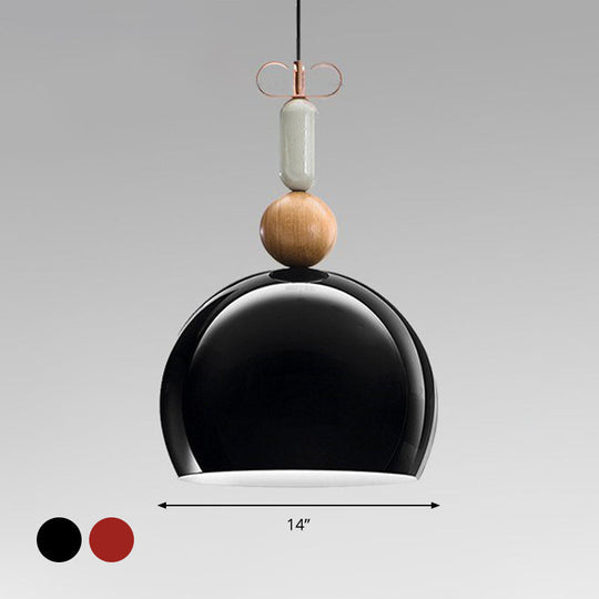 Contemporary Metal Domed Pendant Light Kit - 1-Light Down Lighting In Black/Red For Living Room