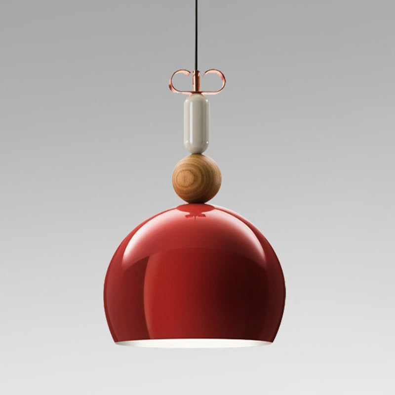Contemporary Metal Domed Pendant Light Kit - 1 Down Lighting In Black/Red For Living Room