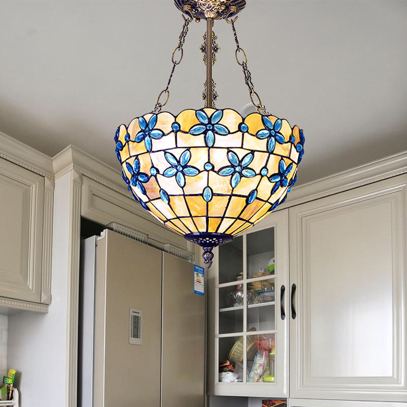 Tiffany Style Flower Shell Semi Flush Light - Antique Brass 3 Lights 12’/14’/16’ Wide Antique