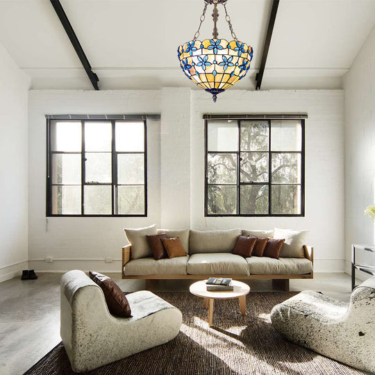 Tiffany Style Flower Shell Semi Flush Light - Antique Brass 3 Lights 12’/14’/16’ Wide