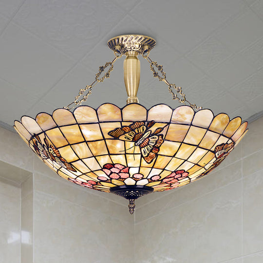 Tiffany Style Semi - Flush Ceiling Light With Butterfly Rose & Fruit Shell Shade