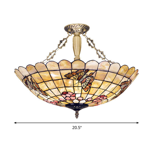 Tiffany Style Semi - Flush Ceiling Light With Butterfly Rose & Fruit Shell Shade