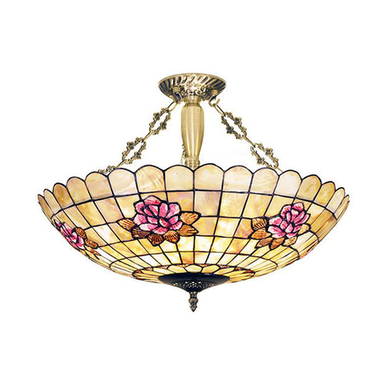 Tiffany Style Semi - Flush Ceiling Light With Butterfly Rose & Fruit Shell Shade