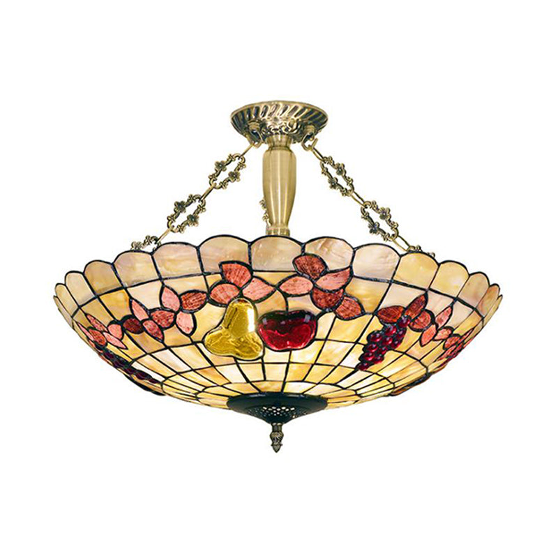Tiffany Style Semi - Flush Ceiling Light With Butterfly Rose & Fruit Shell Shade