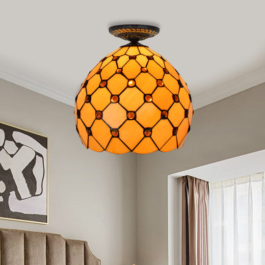 Tiffany-Style Stained Glass Jeweled Ceiling Light In Bronze Flush Mount Multiple Sizes Available /