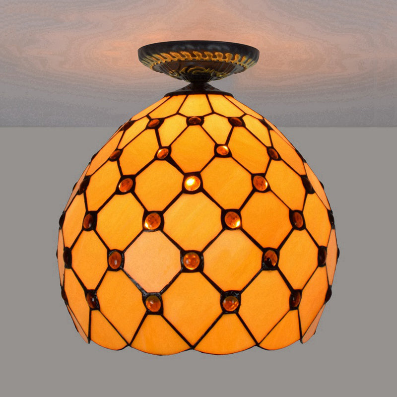 Tiffany-Style Stained Glass Jeweled Ceiling Light In Bronze Flush Mount Multiple Sizes Available